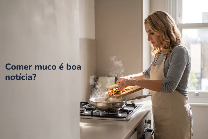 Comer muco é boa notícia? — uma mulher de uns quarenta anos põe legumes picados numa panela na cozinha de manhã