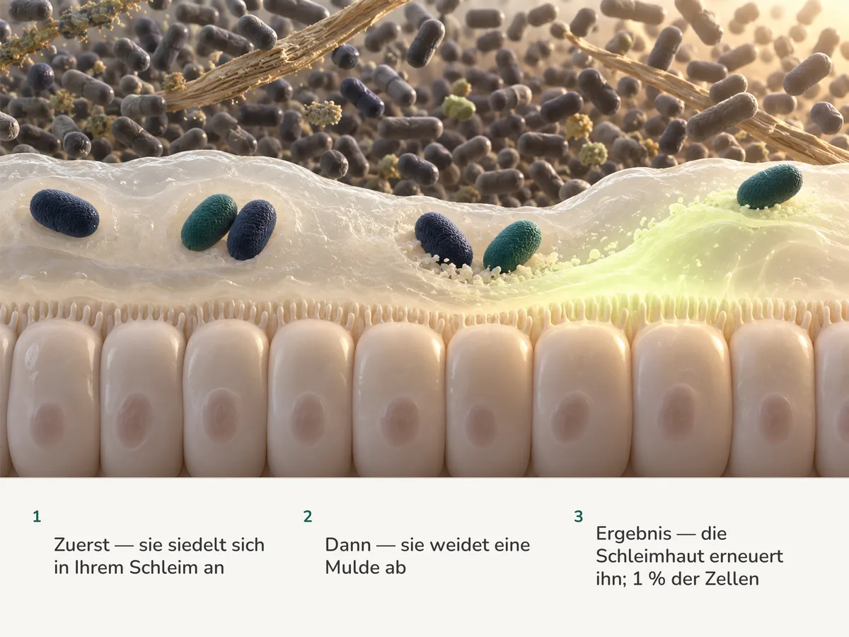 Illustration: ovale Akkermansia-Zellen setzen sich in die Schleimschicht des Darms und weiden eine flache Mulde ab, und die Schleimhaut darunter schiebt frischen Schleim nach, der die Schicht dicker macht