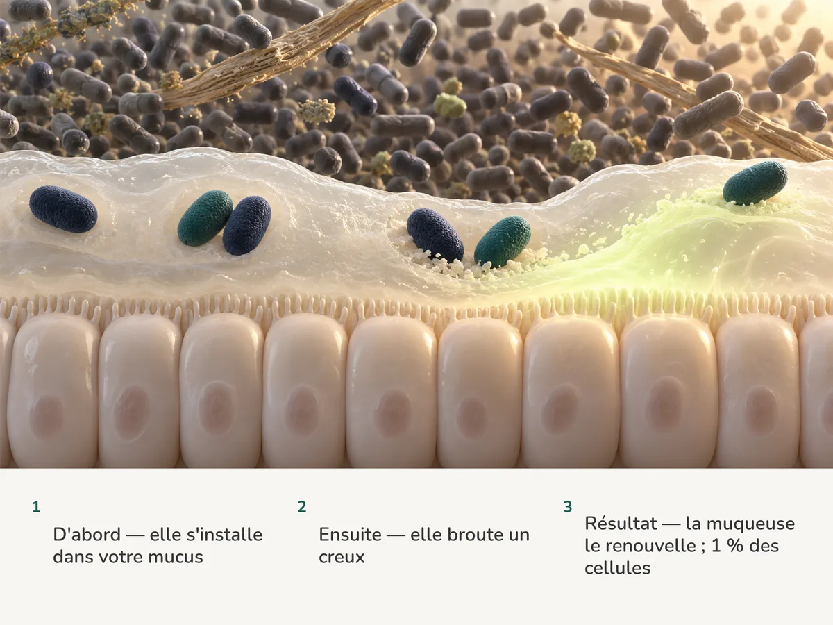 Illustration : des cellules ovales d'Akkermansia s'installent dans la couche de mucus de l'intestin et broutent un creux peu profond, et la muqueuse en dessous pousse du mucus frais qui épaissit la couche