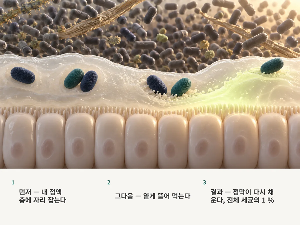 일러스트: 타원형 Akkermansia 세포가 장의 점액층에 자리 잡고 얕게 뜯어 먹으면, 그 아래 점막이 새 점액을 밀어 올려 층을 다시 두껍게 만든다