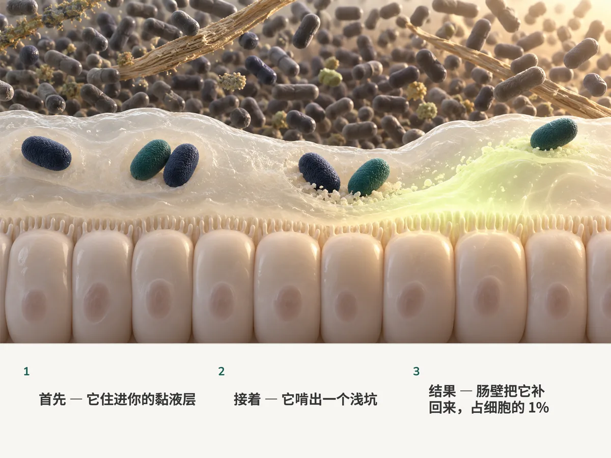 插画:椭圆形的阿克曼菌沉进肠道黏液层,啃出一个浅浅的凹坑,下面的肠壁顶上新的黏液,把这一层重新加厚