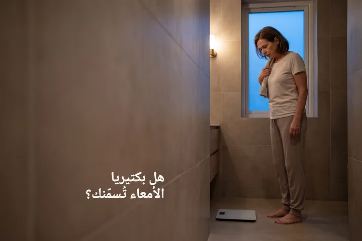 هل بكتيريا الأمعاء تُسمّنك؟ — امرأة في الخمسين تقف إلى جانب ميزان الحمّام عند الغروب، غير مكترثة