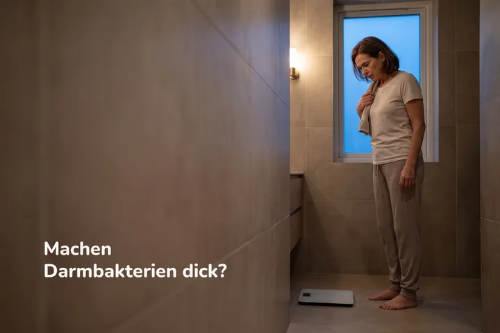 Machen Darmbakterien dick? — eine Frau um die fünfzig steht in der Dämmerung unbeeindruckt neben der Badezimmerwaage