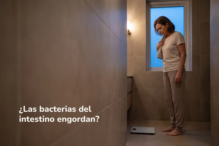 ¿Las bacterias del intestino engordan? — una mujer de unos cincuenta junto a la báscula del baño al anochecer