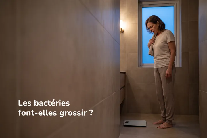 Les bactéries font-elles grossir ? — une femme de cinquante ans, peu impressionnée, près du pèse-personne au crépuscule