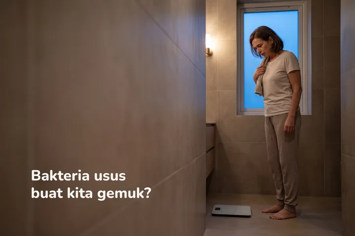 Bakteria usus buat kita gemuk? — seorang wanita 50-an berdiri di sisi penimbang bilik air waktu senja, tidak terkesan