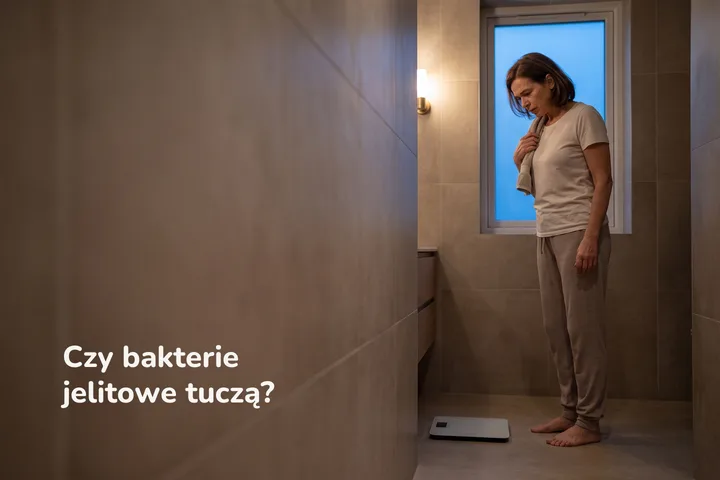 Czy bakterie jelitowe tuczą? — kobieta po pięćdziesiątce stoi o zmierzchu obok wagi łazienkowej, niewzruszona