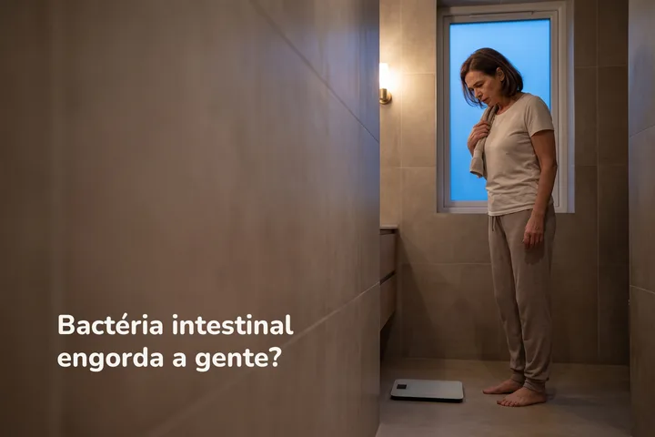 Bactéria intestinal engorda a gente? — mulher de cinquenta anos ao lado da balança do banheiro ao anoitecer, sem se abalar