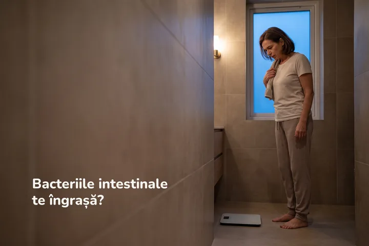 Bacteriile intestinale te îngrașă? — o femeie de cincizeci de ani stă lângă cântarul din baie, în amurg