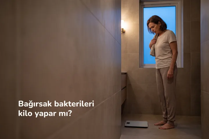 Bağırsak bakterileri kilo yapar mı? — ellili yaşlarda bir kadın akşamüstü banyo tartısının yanında durmuş, etkilenmemiş