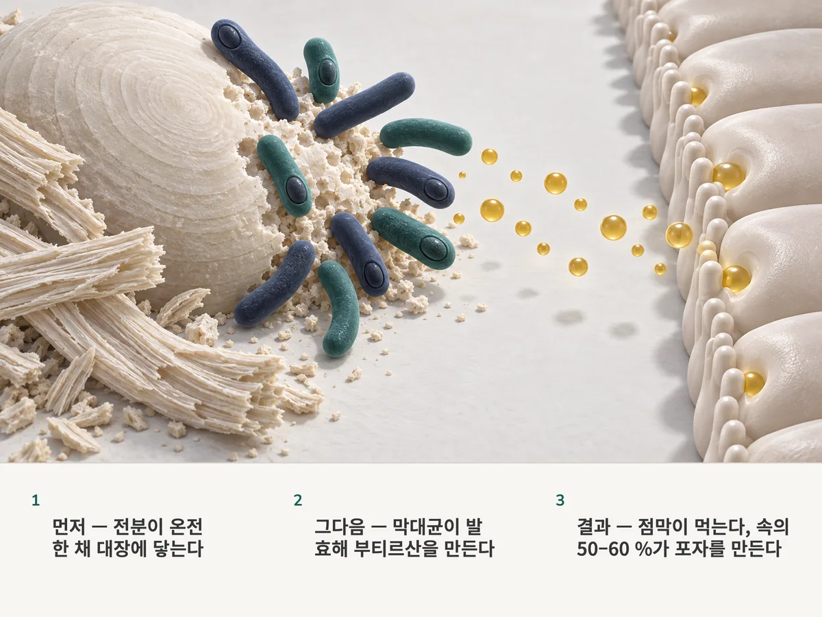 일러스트: 벽이 두꺼운 막대균들이 저항성 전분 알갱이를 부숴 금빛 부티르산 방울로 만들고 대장 점막이 그것을 받아들이며, 열 개의 막대 가운데 여섯이 포자를 지니고 있다