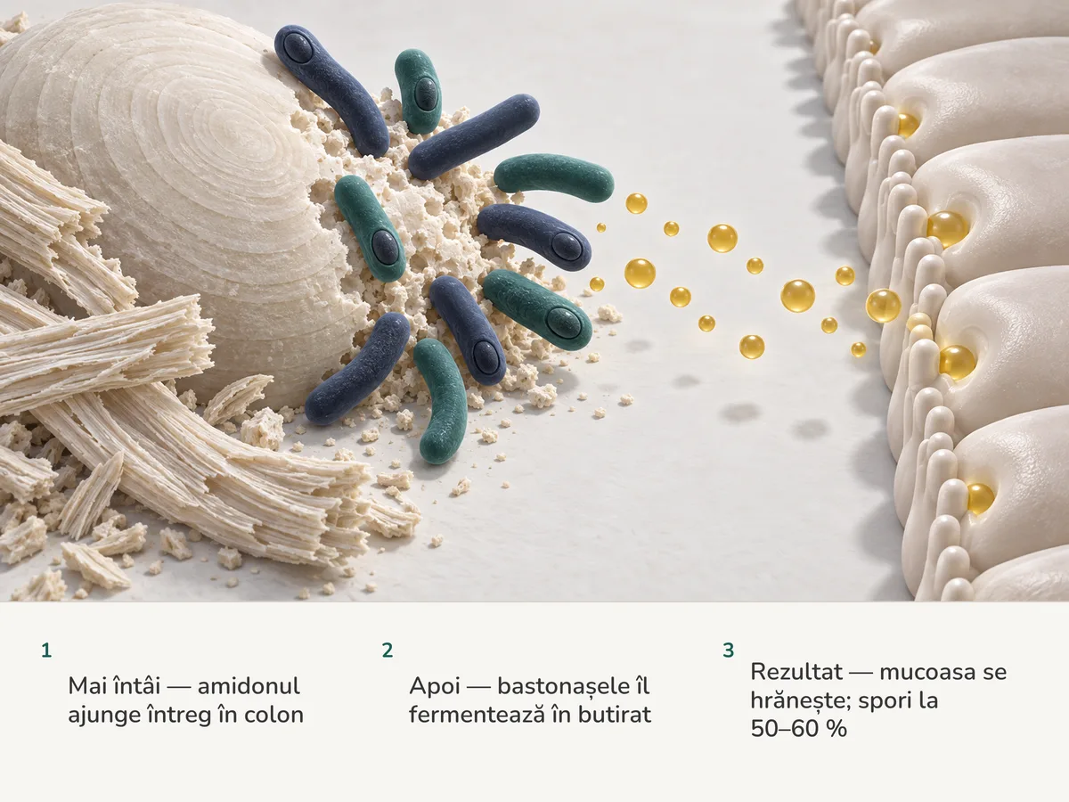 Ilustrație: bastonașe cu pereți groși descompun un granul de amidon rezistent în picături aurii de butirat pe care mucoasa colonului le preia; șase dintre cele zece bastonașe poartă un spor