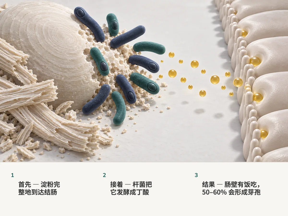 插画:厚壁的杆菌把一粒抗性淀粉分解成金色的丁酸液滴,由结肠内壁吸收;十个杆菌里有六个带着芽孢