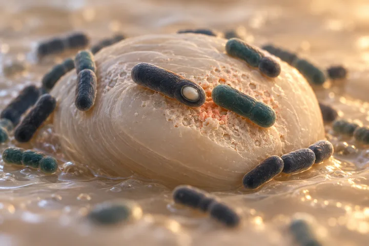 Ilustración: bacterias con forma de bastón y pared gruesa, dos de ellas con esporas ovaladas, sobre un gránulo de almidón picado de coral donde comen