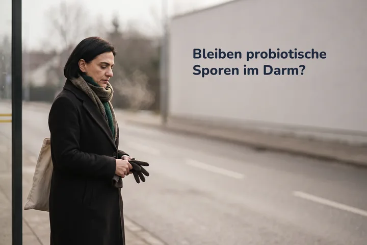 Bleiben probiotische Sporen im Darm? — eine Frau um die dreißig wartet mit Tasche an der Haltestelle im kalten Licht