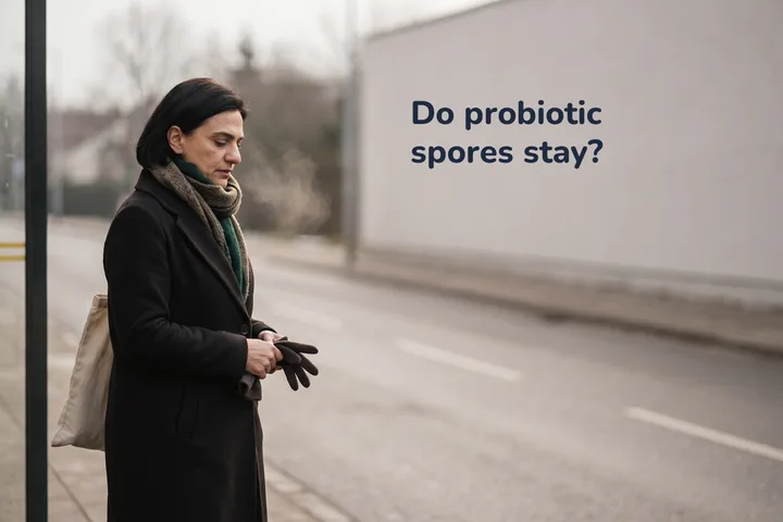 Do probiotic spores stay? — a woman in her thirties waits at a bus stop with her bag in cold daylight