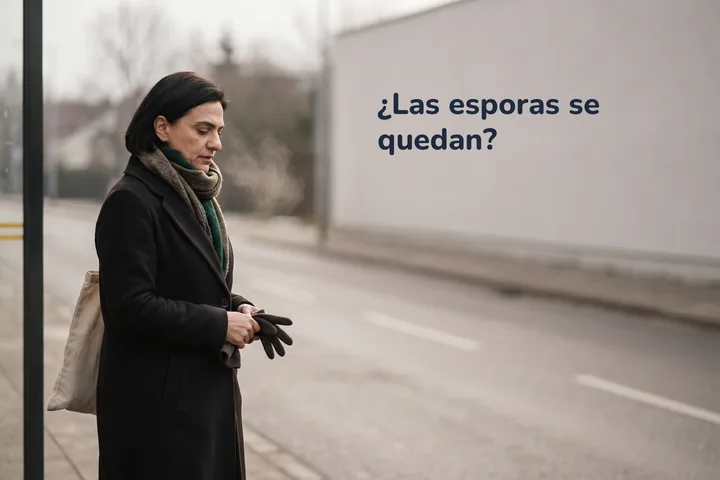 ¿Las esporas se quedan? — una mujer de unos treinta espera en la parada del autobús con su bolsa, luz fría