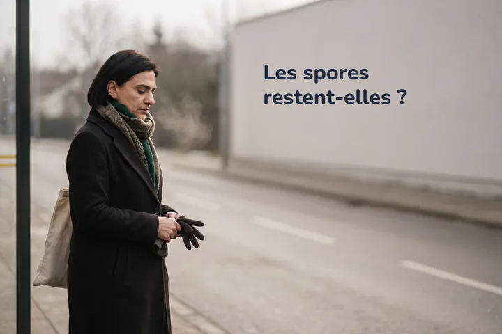 Les spores restent-elles ? — une femme de trente ans attend le bus, son sac à la main, dans la lumière froide