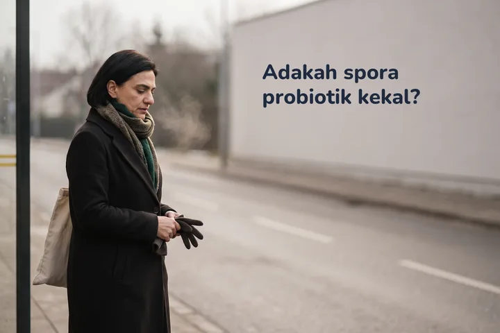 Adakah spora probiotik kekal? — seorang wanita 30-an menunggu di perhentian bas dengan begnya dalam cahaya siang yang sejuk