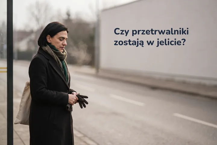 Czy przetrwalniki zostają w jelicie? — kobieta po trzydziestce czeka z torbą na przystanku w zimnym świetle