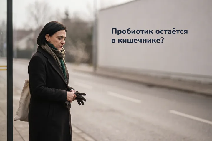 Пробиотик остаётся в кишечнике? — женщина за тридцать ждёт автобус с сумкой на плече в холодный день