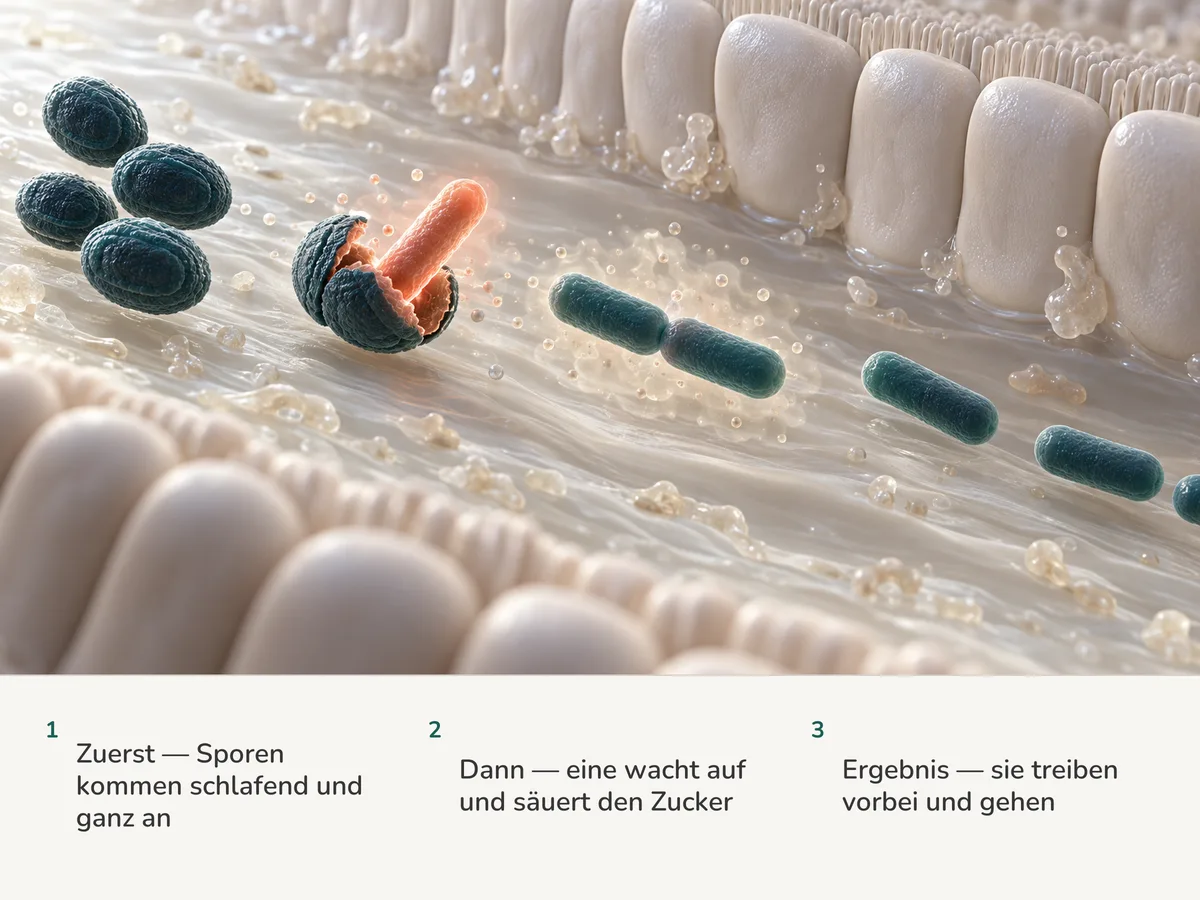 Illustration: ruhende Sporen von Bacillus coagulans kommen im Darm an, eine springt auf und ein korallrotes Stäbchen wächst heraus, und die Stäbchen treiben an der Schleimhaut vorbei und davon, ohne sich anzusiedeln