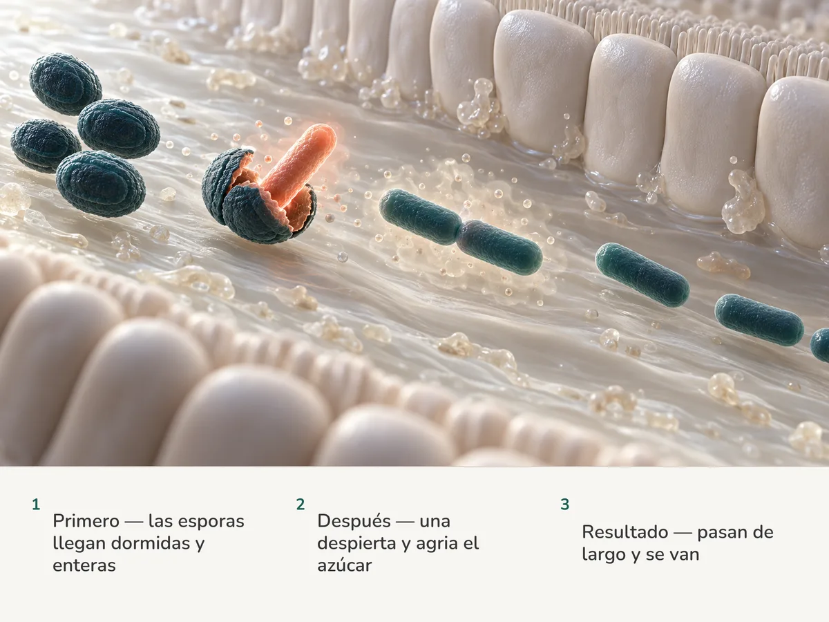Ilustración: esporas dormidas de Bacillus coagulans llegan al intestino, una se abre y de ella crece un bastón coral, y los bastones pasan de largo junto a la mucosa y se van sin instalarse