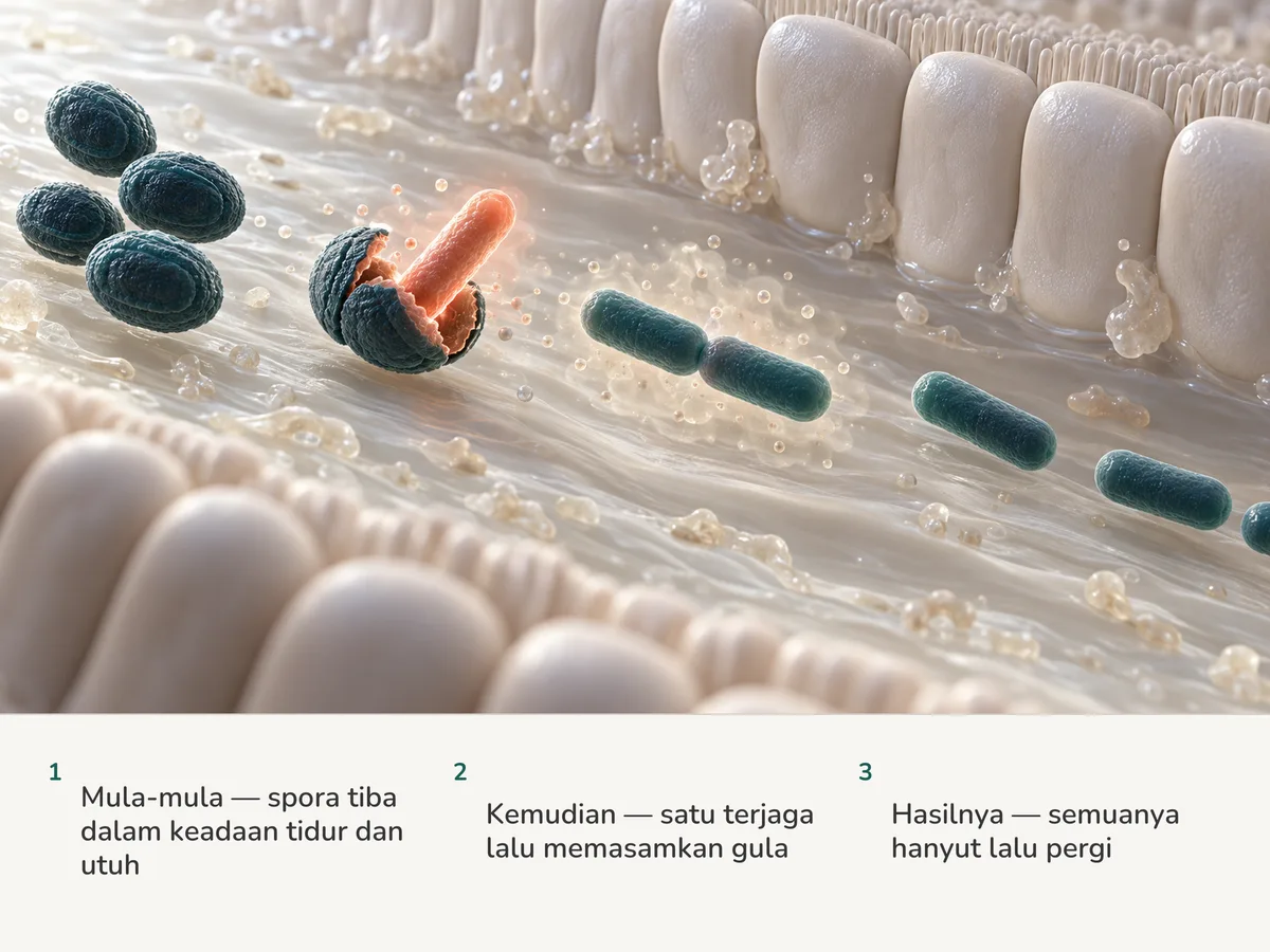 Ilustrasi: spora Bacillus coagulans yang tidur tiba dalam usus, satu terbelah lalu rod warna karang tumbuh keluar, dan rod itu hanyut melintasi lapisan usus lalu pergi tanpa menetap