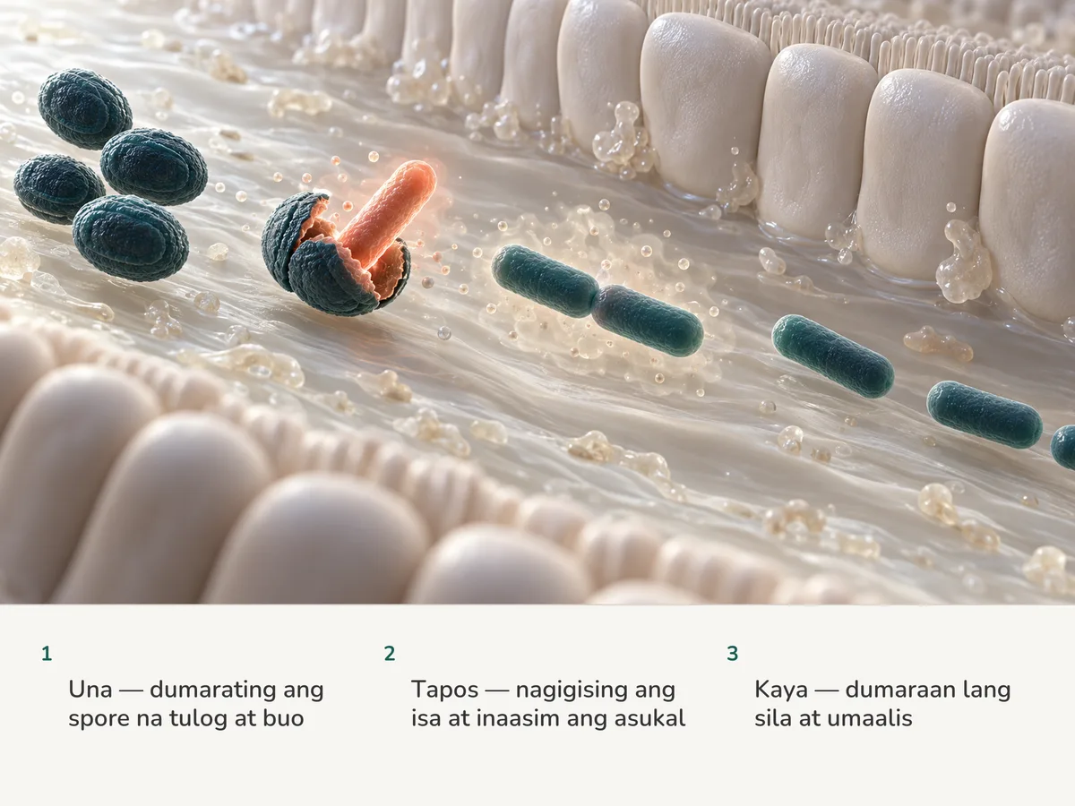 Ilustrasyon: dumarating sa bituka ang natutulog na spore ng Bacillus coagulans, bumubuka ang isa habang tumutubo mula rito ang coral na baras, at naaanod ang mga baras palampas sa lining at palayo nang hindi pumupwesto
