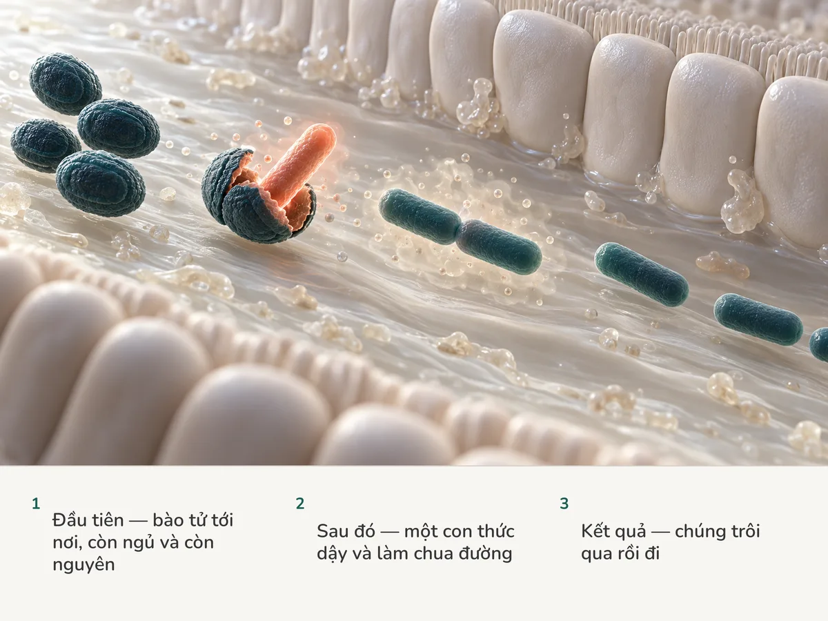 Minh họa: các bào tử Bacillus coagulans đang ngủ đi tới ruột, một bào tử nứt ra và một que màu san hô mọc lên, rồi các que trôi qua niêm mạc và đi mất mà không định cư