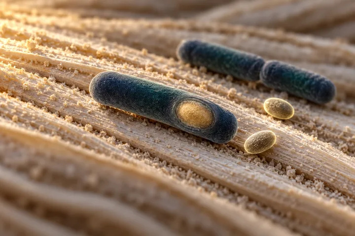 Illustration: ein stäbchenförmiges Bacillus coagulans mit einer goldenen ovalen Spore, daneben freie Sporen auf einer trockenen Pflanzenhülse