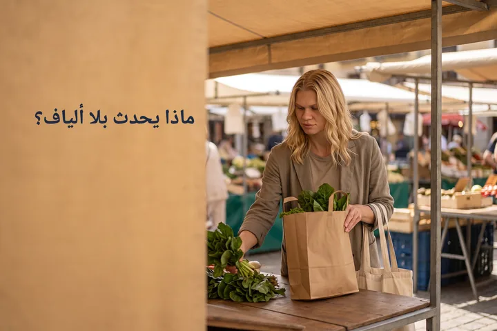 ماذا يحدث بلا ألياف؟ — امرأة في الأربعينيات تضع كيسًا ورقيًا من الخضار على طاولة سوق عند الظهيرة