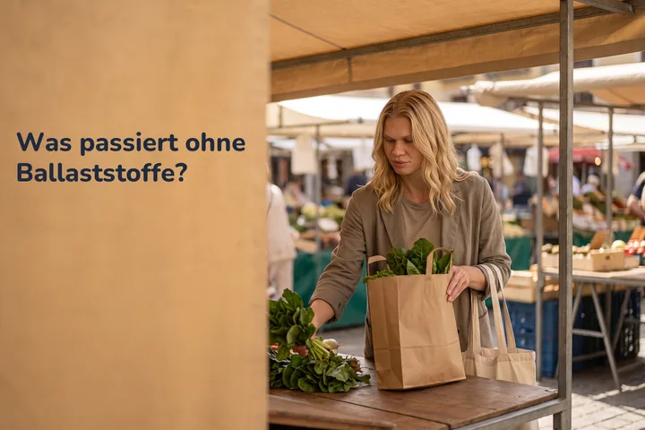 Was passiert ohne Ballaststoffe? — eine Frau um die vierzig stellt mittags eine Papiertüte mit Grünzeug auf den Markttisch