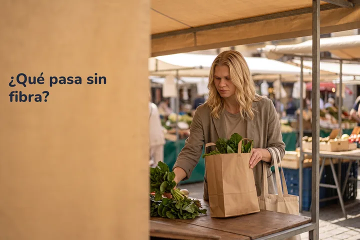 ¿Qué pasa sin fibra? — una mujer de unos cuarenta deja una bolsa de papel con verduras en un puesto del mercado