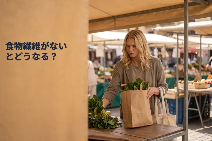 食物繊維がないとどうなる? — 40代の女性が昼どきの市場の台に、青菜の入った紙袋を置く
