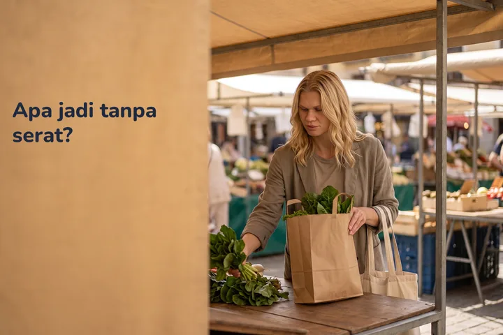 Apa jadi tanpa serat? — seorang wanita 40-an meletakkan beg kertas berisi sayur hijau di meja pasar pada tengah hari