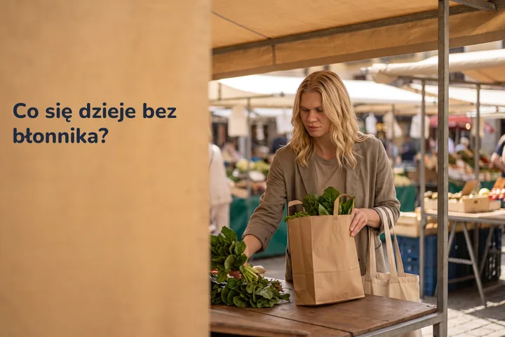 Co się dzieje bez błonnika? — kobieta po czterdziestce kładzie papierową torbę z warzywami na straganie w południe