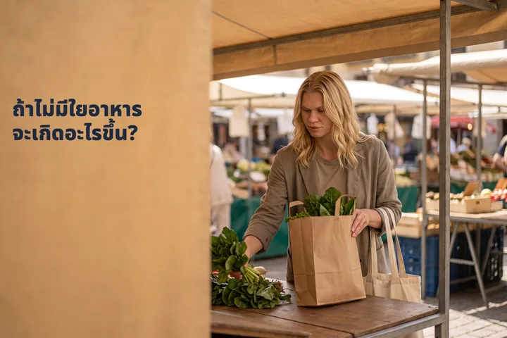 ถ้าไม่มีใยอาหารจะเกิดอะไรขึ้น? — หญิงวัยสี่สิบวางถุงกระดาษใส่ผักใบเขียวลงบนโต๊ะในตลาดตอนเที่ยง