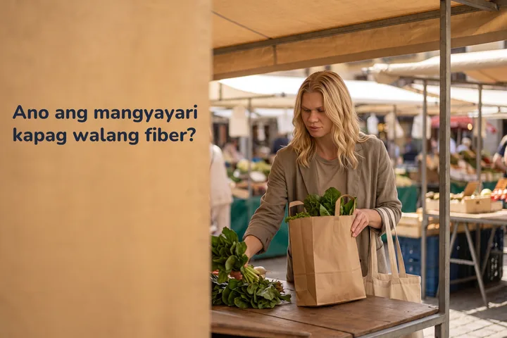Ano ang mangyayari kapag walang fiber? — isang babaeng kuwarentahin ang naglalapag ng supot ng gulay sa mesa sa palengke