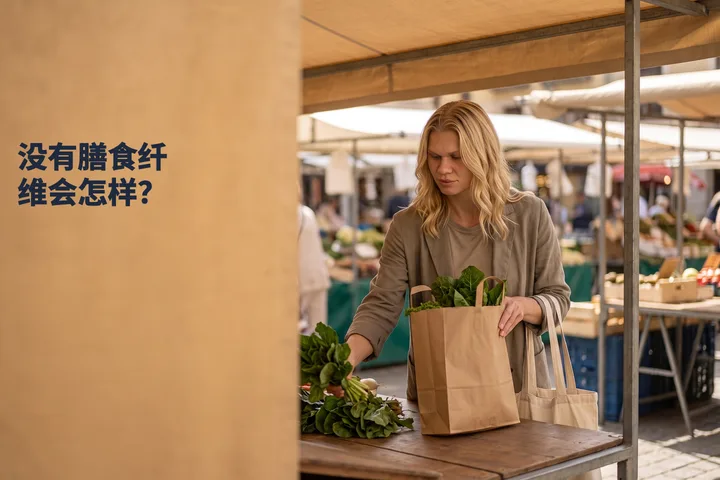 没有膳食纤维会怎样? — 一位四十多岁的女性在正午把一纸袋青菜放到集市的桌上