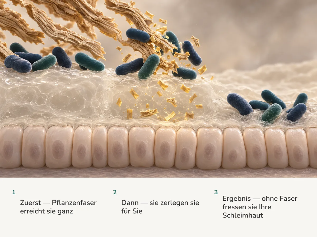 Illustration: pralle Stäbchen zerlegen Pflanzenfaser in goldene Bruchstücke über einer dicken Schleimschicht; weiter rechts, ohne Faser, weiden dieselben Stäbchen den Schleim ab, und die Schicht wird dünner