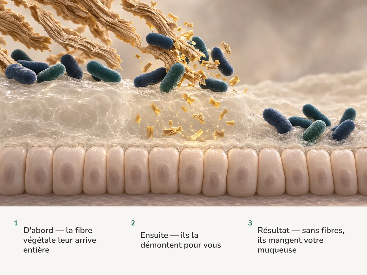 Illustration : de gros bâtonnets démontent une fibre végétale en fragments dorés au-dessus d'une épaisse couche de mucus ; plus à droite, sans fibre, les mêmes bâtonnets broutent le mucus et il s'amincit