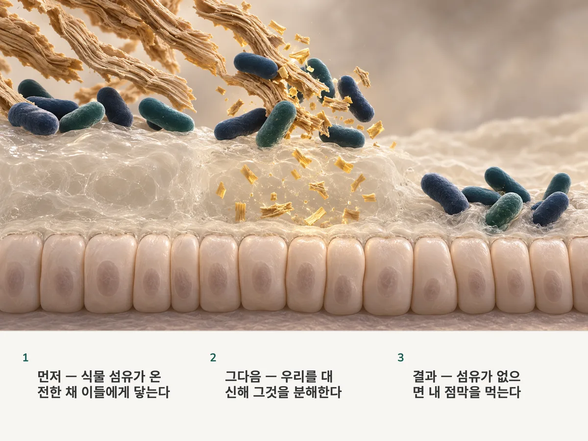 일러스트: 두꺼운 점액층 위에서 통통한 막대균들이 식물 섬유를 금빛 조각으로 뜯어내고, 더 오른쪽에서는 섬유가 남지 않자 같은 막대균들이 점액을 뜯어 먹어 층이 얇아진다