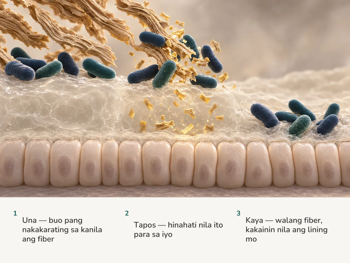 Ilustrasyon: hinahati ng matatabang baras ang hibla ng halaman tungo sa gintong piraso sa ibabaw ng makapal na mucus layer; mas sa kanan, wala nang natirang fiber, kaya nginangatngat ng parehong baras ang mucus at nanipis ito