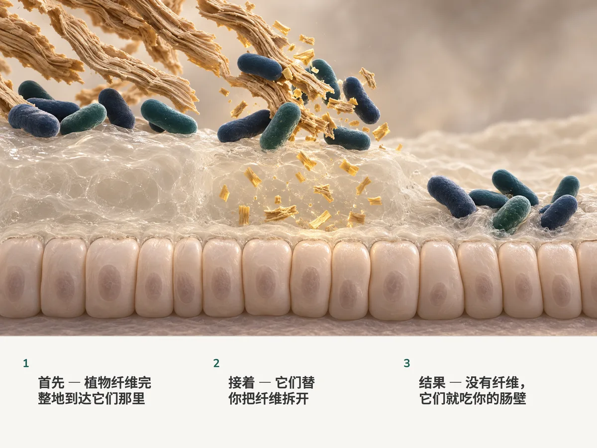 插画：饱满的杆菌在厚厚的黏液层上方把植物纤维拆成金色碎片；再往右，纤维没有了，同样的杆菌开始啃食黏液，这一层就变薄了
