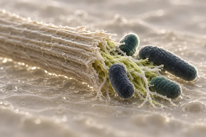 Ilustración: bastones rollizos de Bacteroidota reunidos en el extremo deshilachado, teñido de lima, de una hebra de fibra vegetal, iluminados desde atrás