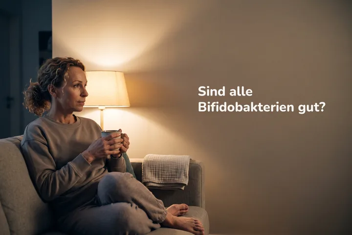 Sind alle Bifidobakterien gut? — eine Frau Ende zwanzig sitzt mit einer Tasse bei Lampenlicht auf dem Sofa
