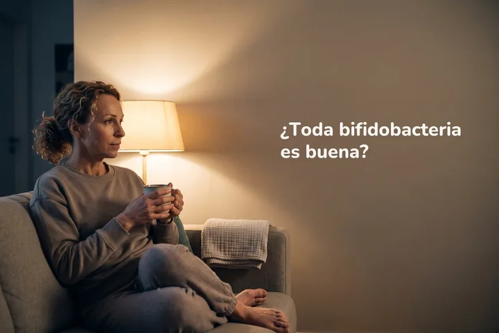 ¿Toda bifidobacteria es buena? — una mujer de casi treinta con una taza en el sofá bajo la luz de una lámpara