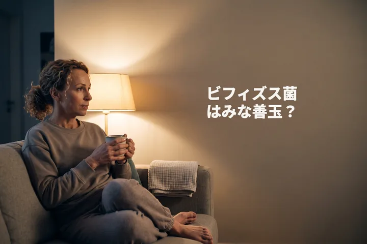 ビフィズス菌はみな善玉？ — 20代後半の女性がランプの明かりの中、マグカップを持ってソファに座っている