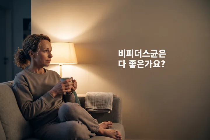 비피더스균은 다 좋은가요? — 스무 살 후반의 여자가 등불빛 아래 소파에 앉아 머그잔을 들고 있다
